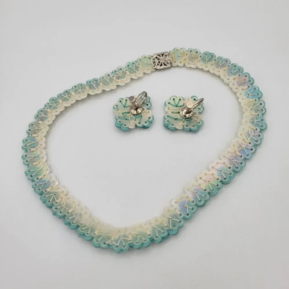 Vintage 1950s Aqua Sequin Necklace & Earrings Set